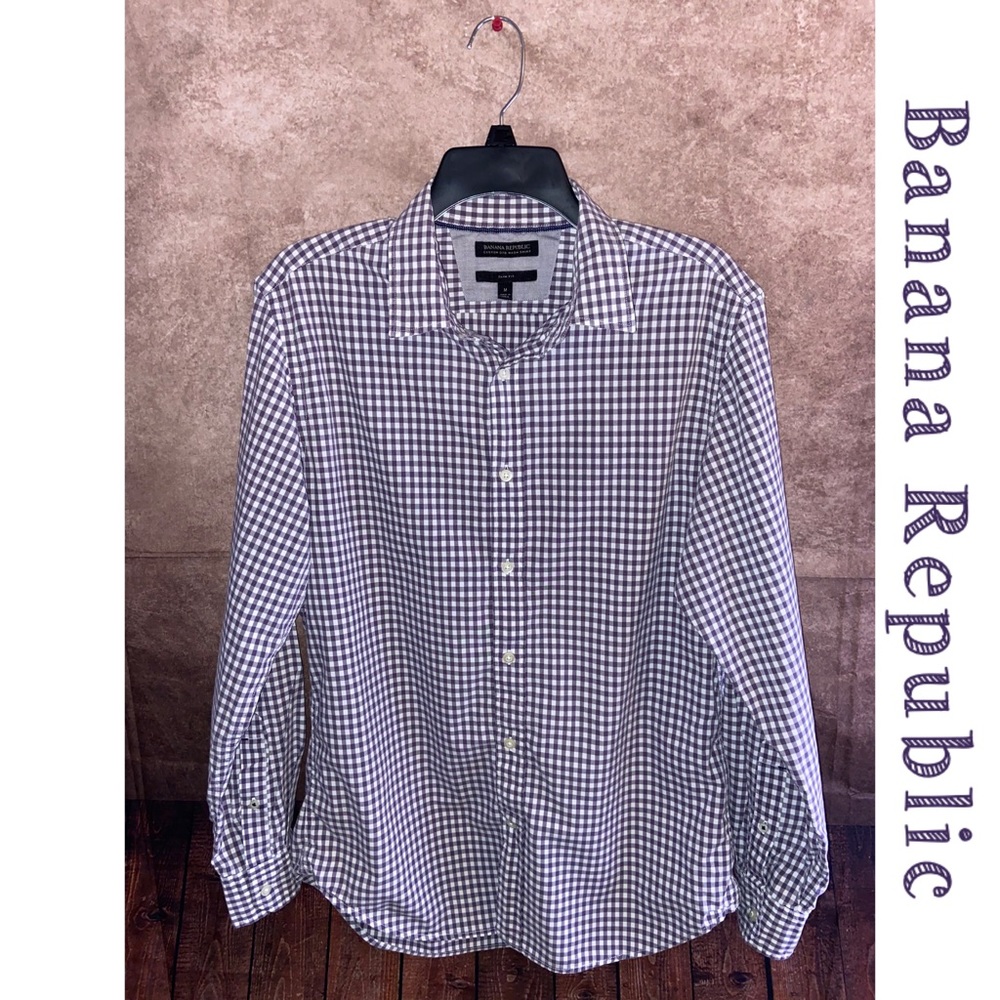 Banana Republic Custom 078 Wash Shirt Slim Fit Purple/White Check Cotton-Size M
